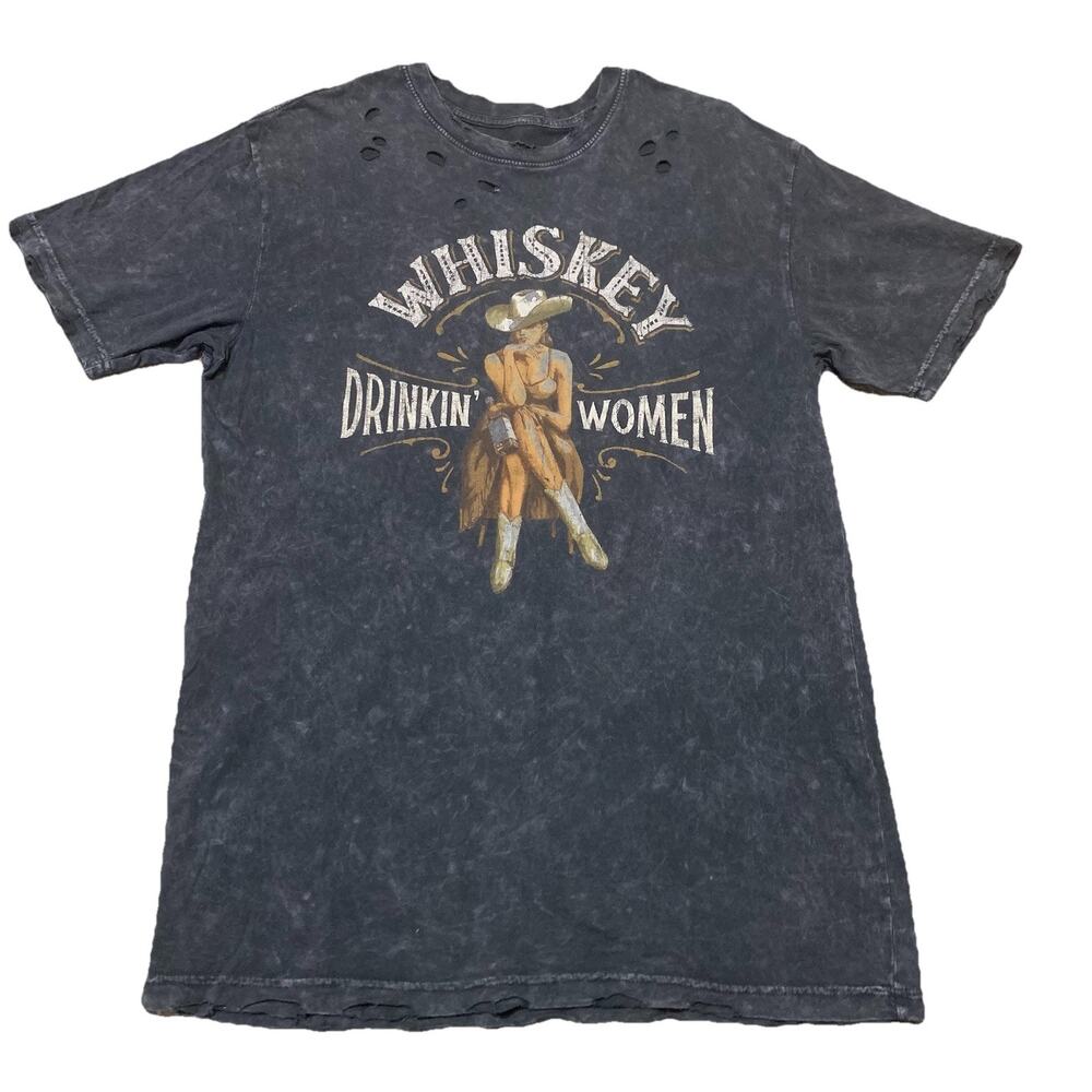 American Highway Whiskey Drinkin’ Women T-Shirt Large Distressed Buckle Western